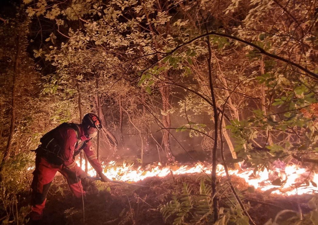 This photo provided by the Korea Forest Service shows firefighters battling a wildfire in Miryang, around 280 kilometers southeast of Seoul, on Wednesday. (Korea Forest Service)