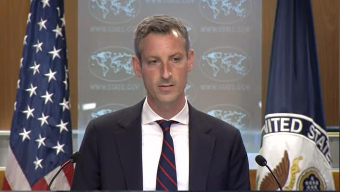State Department Press Secretary Ned Price is seen answering questions in a daily press briefing at the state department in Washington on Monday in this image captured from the department's website. (State Department's website)