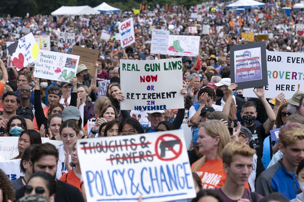 People participate in the second March for Our Lives rally in support of gun control in Washington on Saturday. (AP)