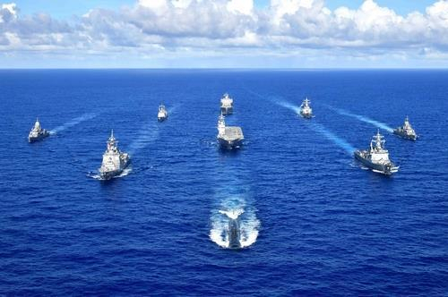 This photo from the website of the United States Seventh Fleet shows the naval forces of South Korea, the United States, Japan and Australia engaged in a joint maritime exercise in the Pacific waters near Guam, which ran from Sept. 11-13, 2020. (United States Seventh Fleet)