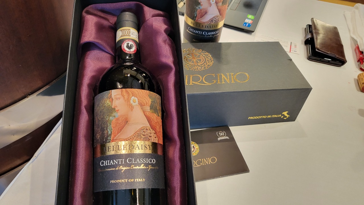 A bottle of Belle Daisy Chianti Classico bears the DOCG label and a black rooster mark (Kim Hae-yeon/ The Korea Herald)