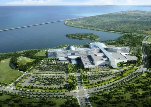 This image provided by Inspire Integrated Resort Co. shows a rendered image of Inspire Entertainment Resort, an integrated resort project being undertaken by US casino operator Mohegan Gaming & Entertainment (MGE), set to open in late 2023 in Incheon, 40 kilometers west of Seoul. (Inspire Integrated Resort Co.)