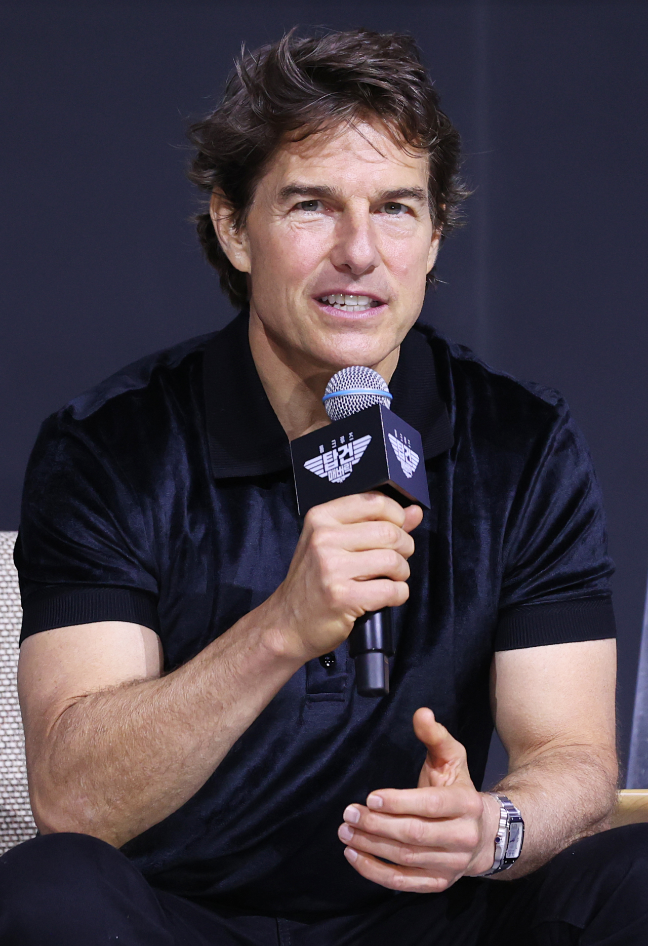 Tom Cruise talks during a press conference for “Top Gun: Maverick” at Lotte Hotel in Seoul on Monday. (Yonhap)