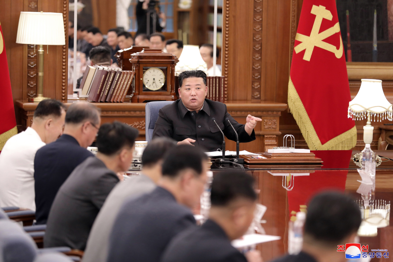 North Korean leader Kim Jong-un speaks during a meeting of the secretariat of the central committee of the North's ruling Workers' Party in Pyongyang last Monday in this photo released by the North's Korean Central News Agency. (Yonhap)