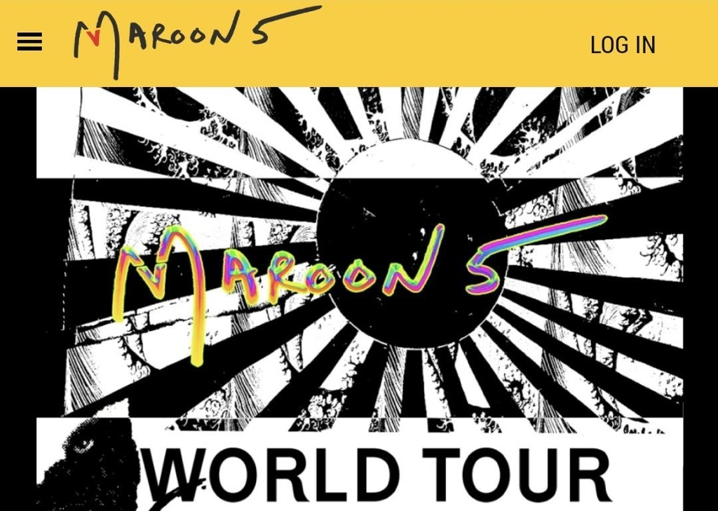 A screenshot shows that the poster for Maroon 5's upcoming world tour on its official website includes a design resembling the Japanese rising sun flag.  (maroon5.com)