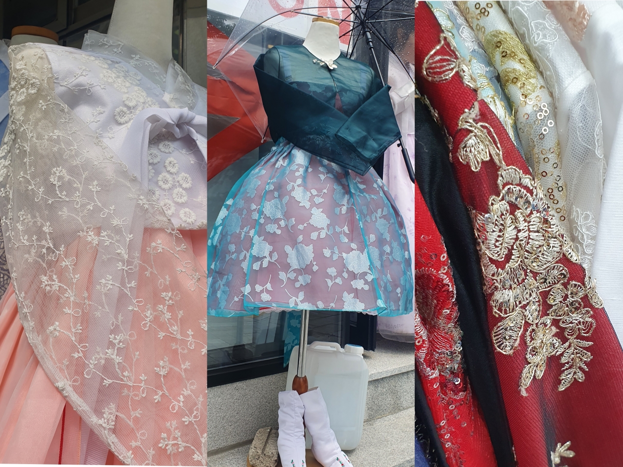 A compilation of images shows unconventional design elements shown on rental hanbok on display at shops near Gyeongbokgung, Jongno-gu, Seoul. (Lee Jung-youn/The Korea Herald)