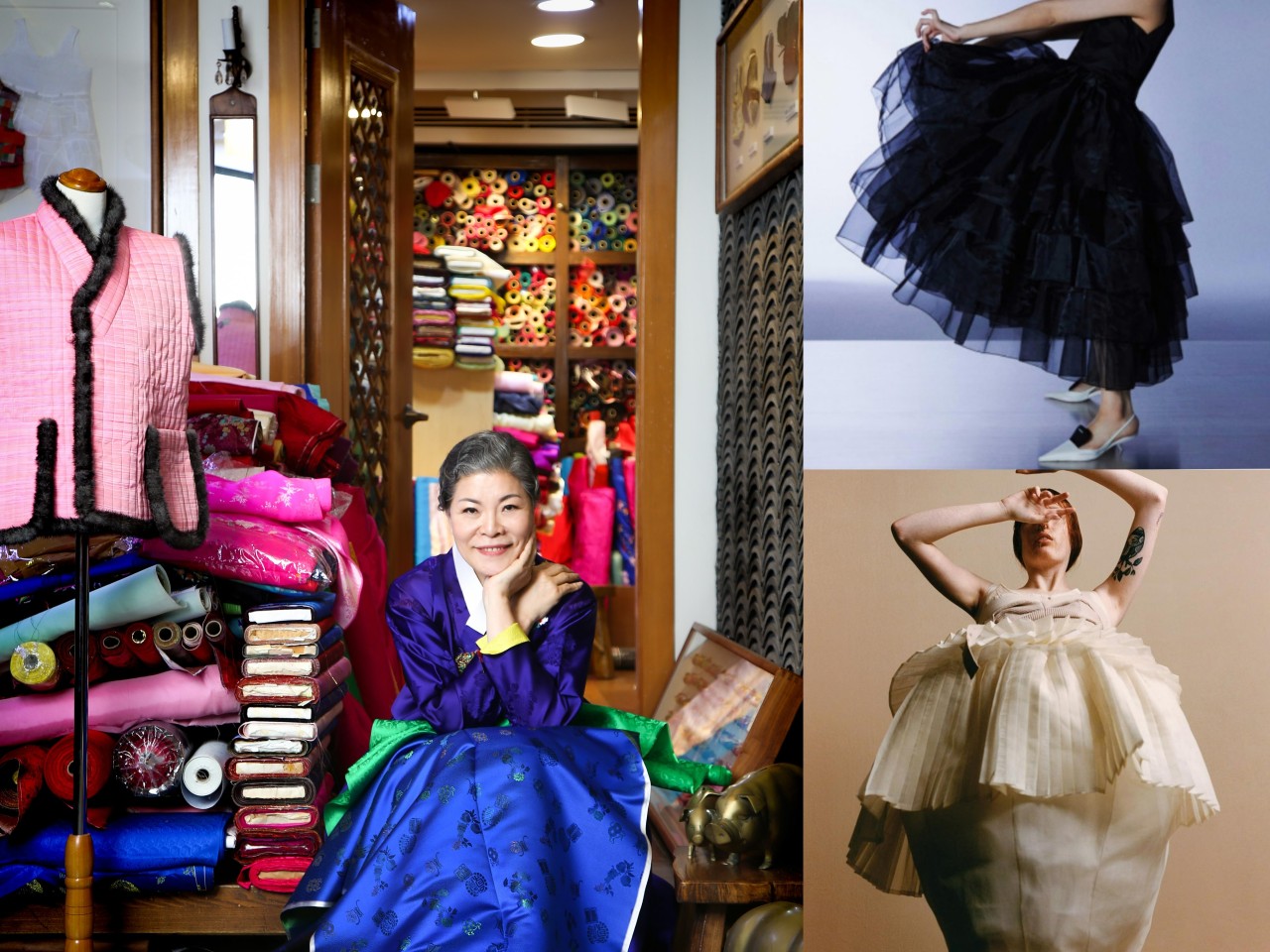 Hanbok designer Park Sul-nyeo (left photo) and works of contemporary hanbok designer Moonaq (right) (Park Sul-nyeo Hanbok / Moonaq