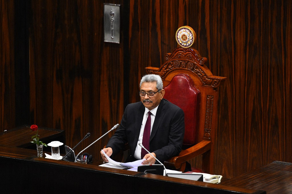 In this file photo taken on January 3, 2020, Sri Lanka’s new President Gotabaya Rajapaksa makes his first policy address at the national parliament after his landslide electoral victory, in Colombo. – Millions of rupees in cash left behind by President Gotabaya Rajapaksa when he fled his official residence in the capital will be handed over to court on Monday, police said. (AFP)