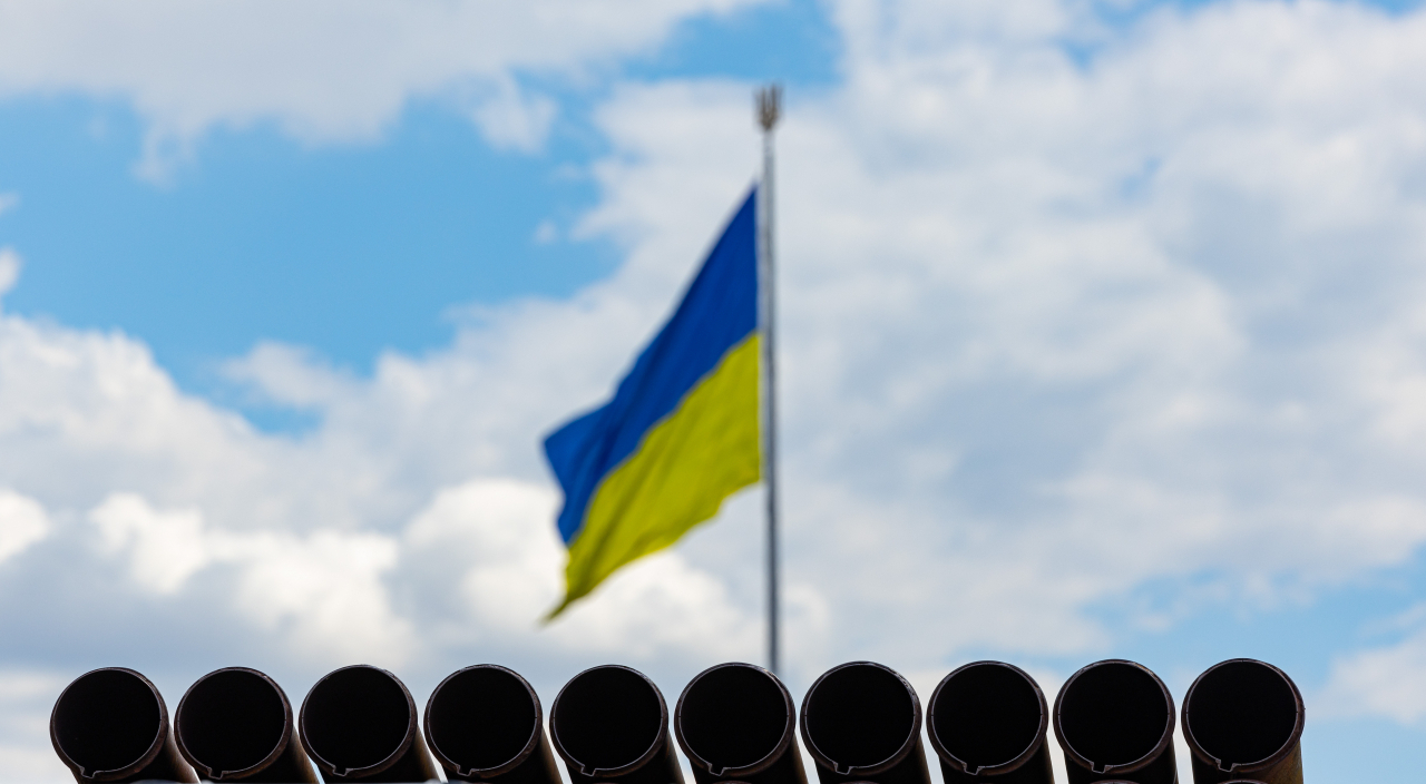 This file photo taken June 17, shows Ukraine's flag at a museum in Kyiv. (Yonhap)
