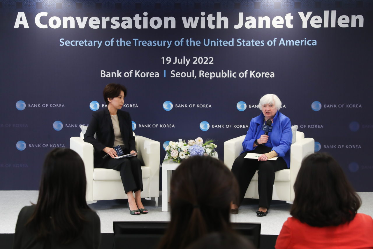 US Treasury Secretary Janet Yellen (right) speaks during a meeting with Bank of Korea employees at the central bank headquarters in Seoul on Tuesday. (BOK)