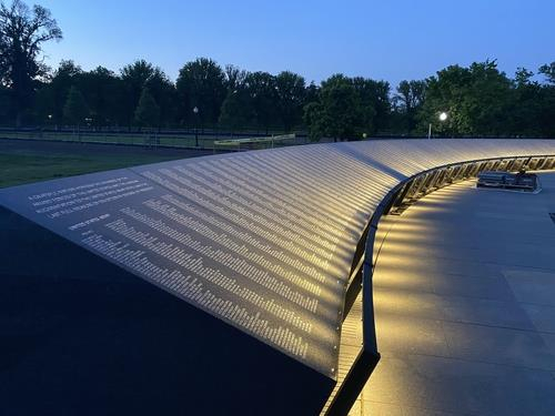 The photo, provided by the Korean War Veterans Memorial Foundation, shows the Wall of Remembrance, which displays the names of 43,808 US and South Korean soldiers killed during the 1950-53 Korean War. The latest addition to the Korean War Veterans Memorial in Washington is set to be dedicated next Wednesday. (Korean War Veterans Memorial Foundation)