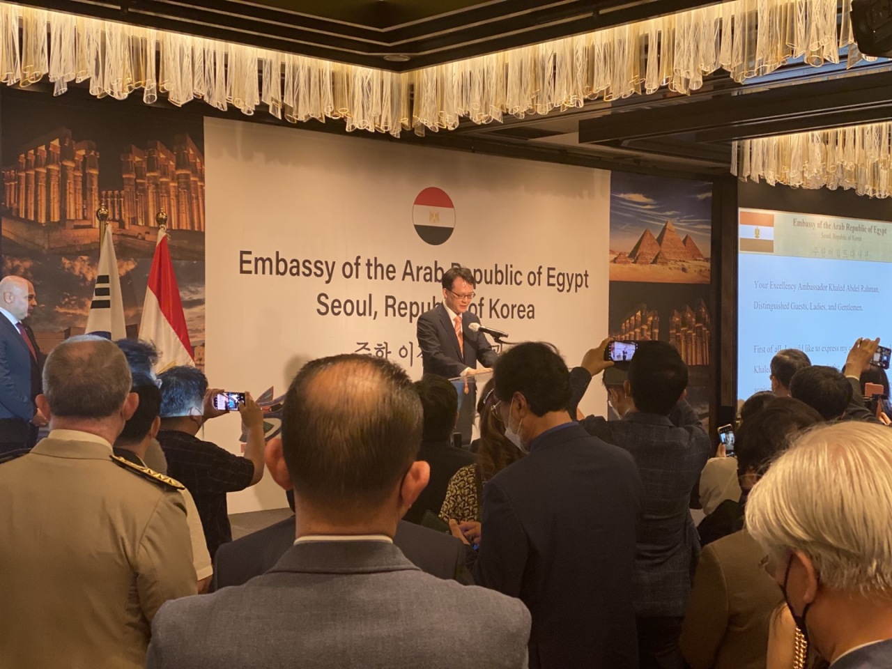 Ministry of Foreign Affairs African and Middle Eastern Affairs Director-General Kim Jang-hyun delivers remarks for Egypt’s National Day celebrations at the Four Seasons Hotel in Seoul, July 22. (Sanjay Kumar/The Korea Herald)