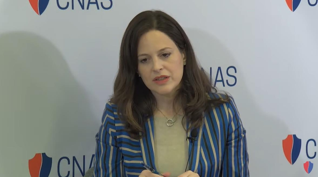 Anne Neuberger, deputy national security advisor for cyber and emerging technologies, is seen answering questions in a webinar hosted by the Center for a New American Security, in Washington on Thursday in this image captured from the website of the Washington-based think tank. (Yonhap)