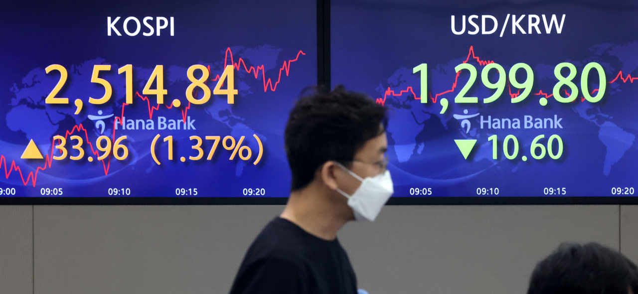 This photo, taken Thursday, shows the movement of South Korea's stocks and currency on monitors at a dealing room of Hana Bank in Seoul. (Yonhap)