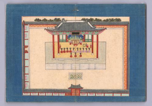 Album for a poetry-writing gathering of King Yeongjo and officials in Gyeonghyeondang Hall, a 1741 painting from the Joseon era, on display at the NMK’s “A Collector’s Invitation” (NMK)