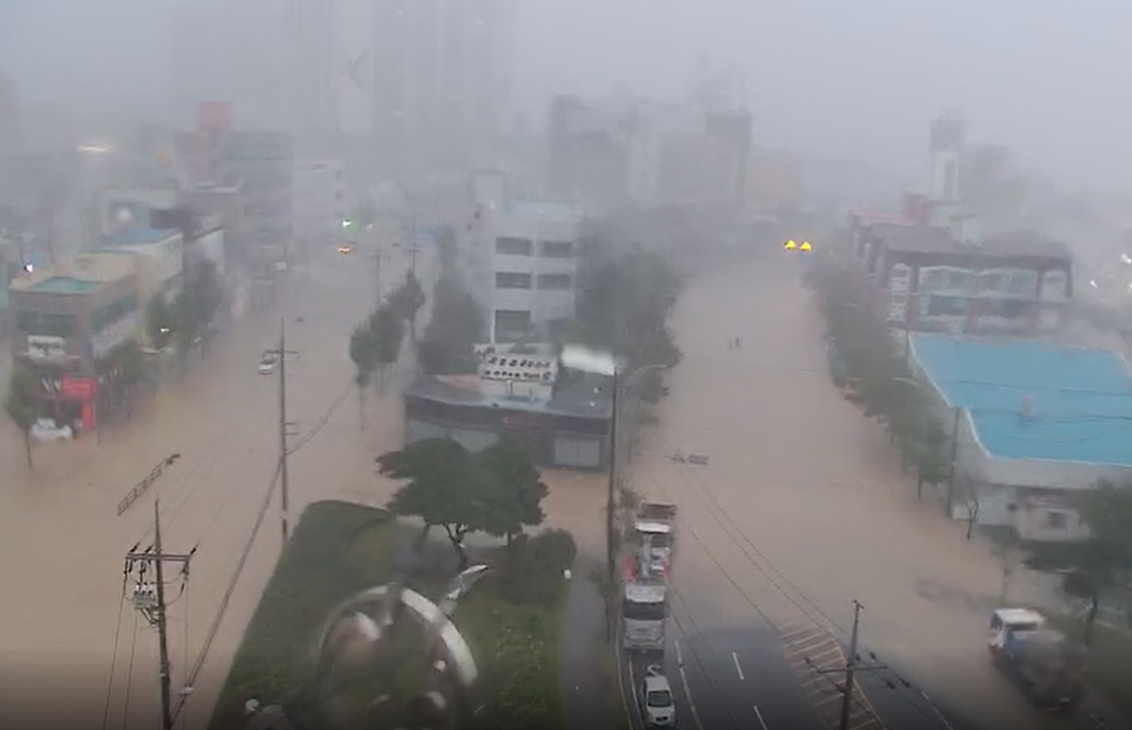 An aerial view of flooded streets in Pohang.