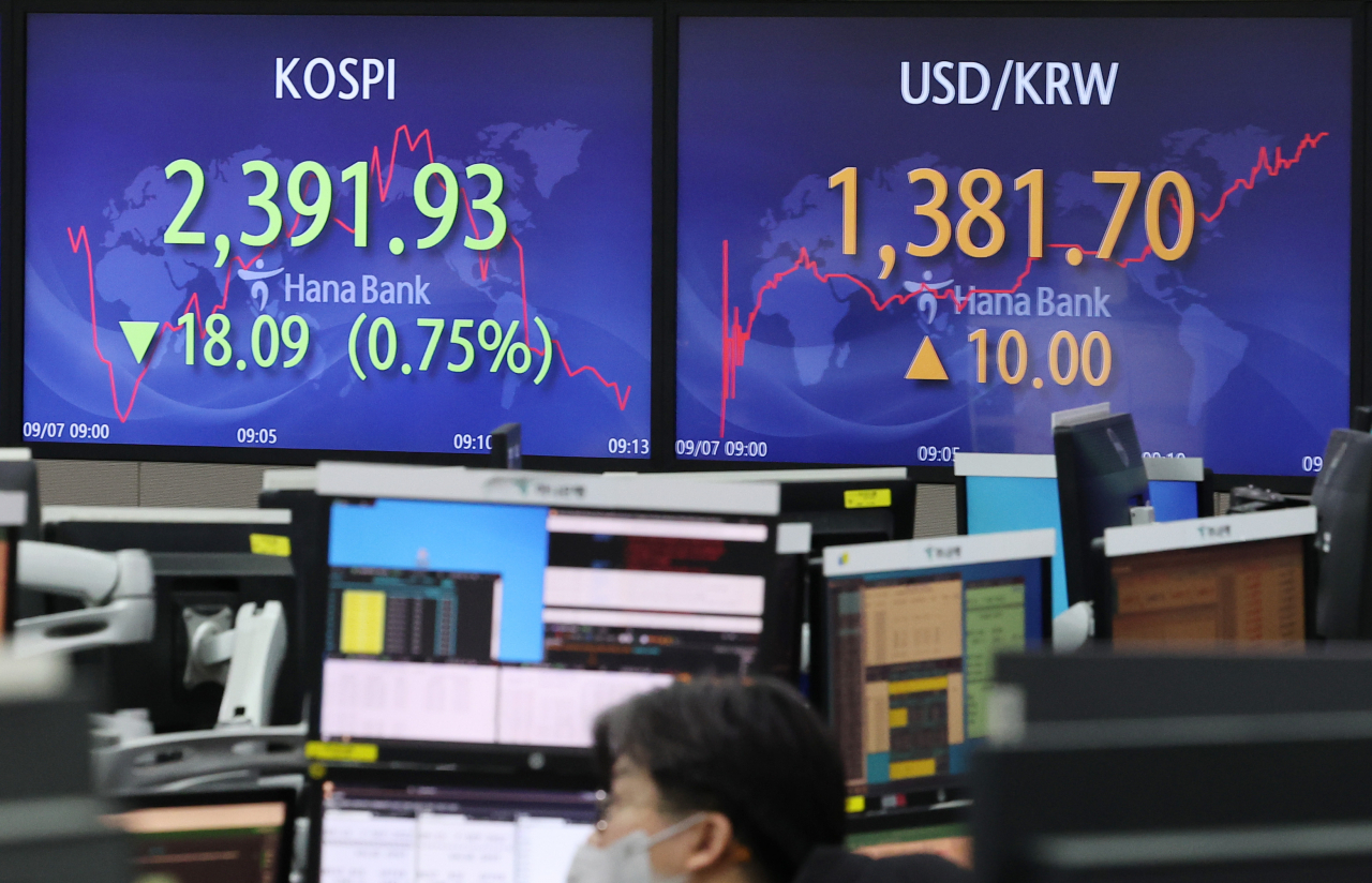 This photo, taken Wednesday, shows stock and currency movements depicted at an electronic signboard at a Hana Bank dealing room in Seoul. (Yonhap)