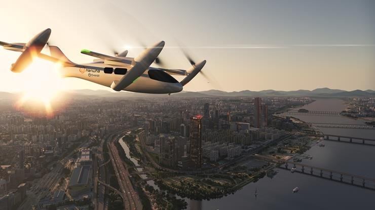 This image provided by Hanwha Group on June 14, shows a rendered model of Butterfly, an all-electric vertical take-off and landing aircraft, or 