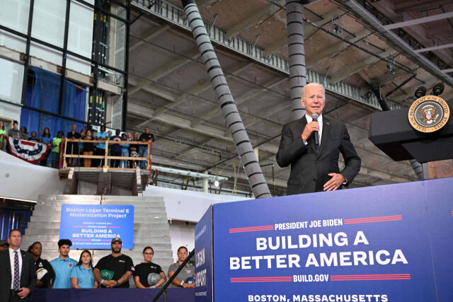 US President Joe Biden delivers remarks on his Bipartisan Infrastructure Law at the new Boston Logan Terminal in Boston, Massachusetts, on Sept. 12. (AFP-Yonhap)