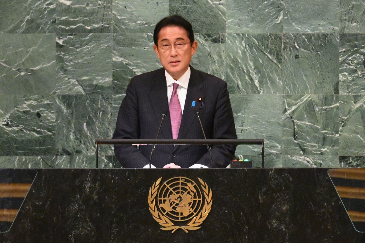 Japanese Prime Minister Fumio Kishida delivers an address at the 2022 United Nations General Assembly in New York. (Yonhap, AFP)