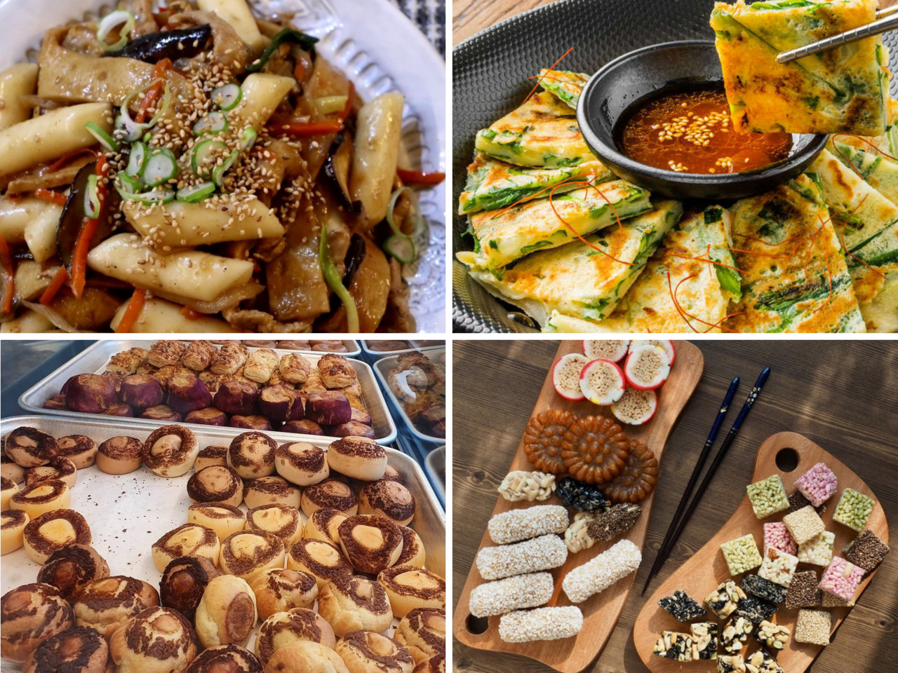 Fotogalerij (met de klok mee van linksboven) toont tteokbokki, jeon, traditionele Koreaanse desserts en kastanjesnacks die dit jaar zijn verkocht op het Namsan K-Food Festa