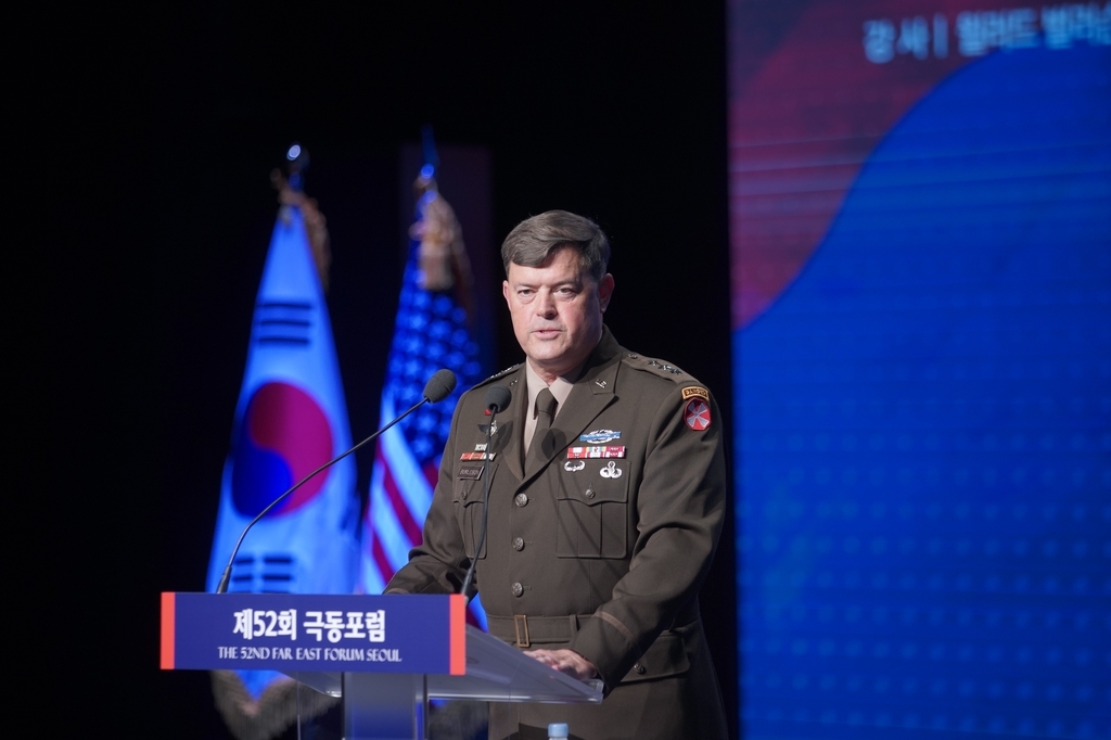 Lt. Gen. Willard M. Burleson, the commander of the Eighth US Army, speaks during the Far East Forum hosted by the Far East Broadcasting Co. in Seoul on Sept. 30, 2022, in this photo provided by the broadcaster.(Yonhap)