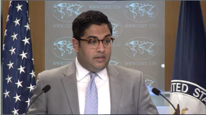 Vedant Patel, principal deputy spokesperson for the state department, is seen answering questions during a daily press briefing in Washington on Thursday in this image captured from the department's website. (US State Department)