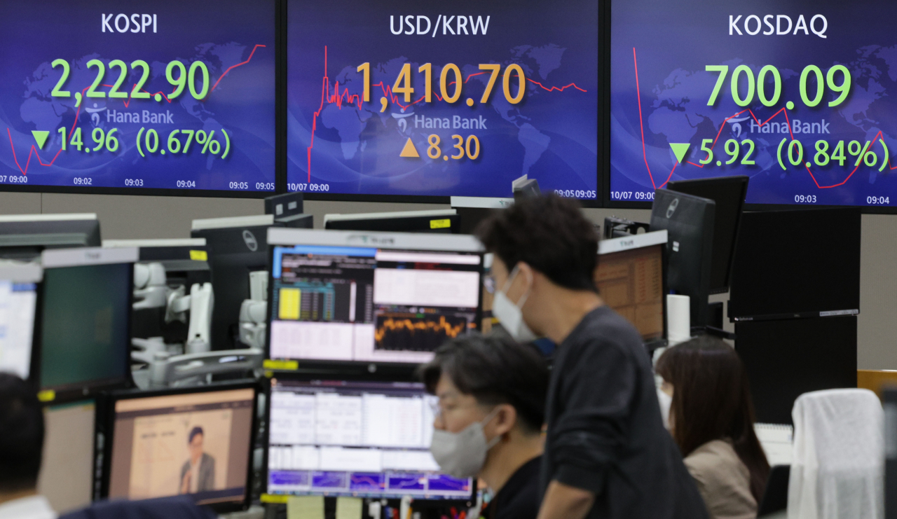 An electronic board showing the Korea Composite Stock Price Index (Kospi) at a dealing room of the Hana Bank headquarters in Seoul on Frioday. (Yonhap)