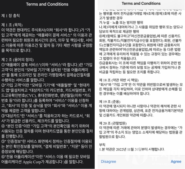 Screen captures of leaked documents concerning the usage of Apple Pay services provided by Hyundai Card. (Screen captured by The Korea Herald)