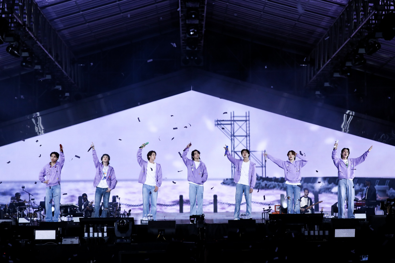 Boy band BTS performs during its concert “Yet to Come” at the Asiad Main Stadium in Yeonje-gu, Busan. (Big Hit Music)