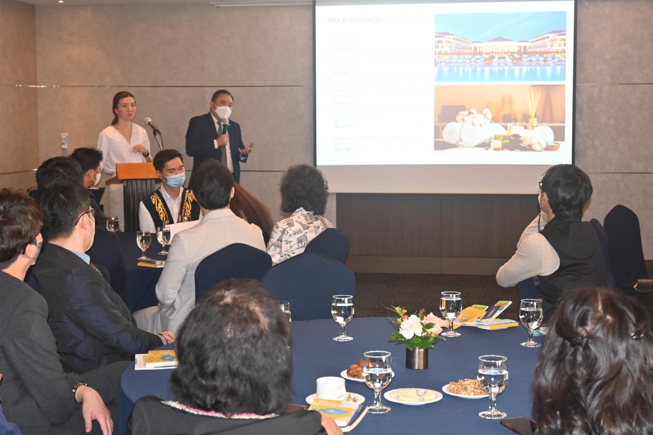Representatives from the Kazakhstan Embassy and Kazakh Tourism present tourism opportunities in Kazakhstan at the Lotte Hotel in Seoul Friday. (Sanjay Kumar/The Korea Herald)