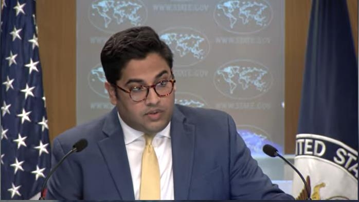 Vedant Patel, principal deputy spokesperson for the Department of State, is seen answering questions in a daily press briefing at the department in Washington on Tuesday in this image captured from the department's website. (Yonhap)