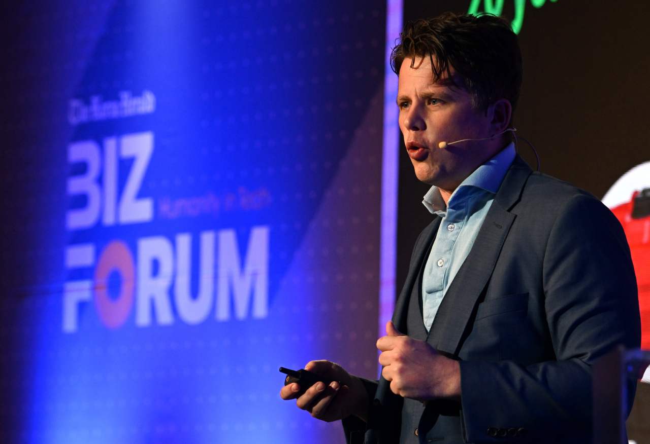 Ethereum Foundation founder and Metametaverse CEO Joel Dietz speaks Wednesday at the Korea Herald Biz Forum, held at the Four Seasons Hotel Seoul.