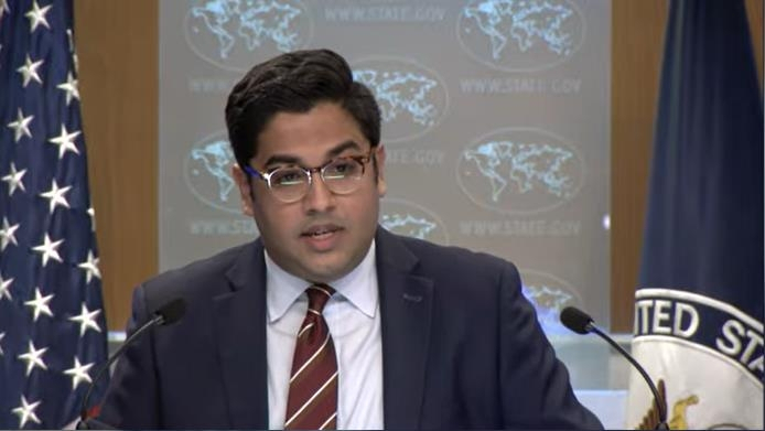 Vedant Patel, principal deputy spokesman for the US Department of State, is seen answering questions in a daily press briefing at the department in Washington on Wednesday in this image captured from the department's website. (US Department of State)