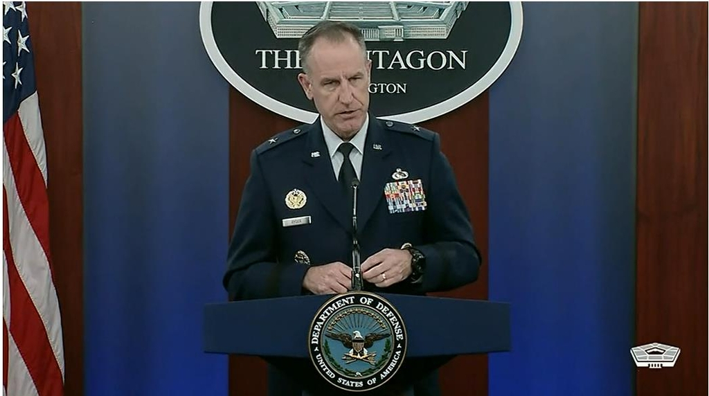 US Department of Defense spokesperson Brig. Gen. Pat Ryder is seen speaking in a daily press briefing at the Pentagon in Washington on Thursday in this image captured from the department's website. (US Department of Defense)