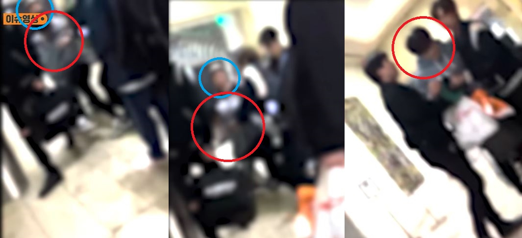 Screenshots from a SBS Entertainment News video show Spire Entertainment's CEO Kang (marked in blue) pulling Omega X's Jaehan (marked in red) from the back and Jaehan falling over onto the floor. The image on right shows two Omega X members helping Jaehan stand up as he cries. (SBS News YouTube)