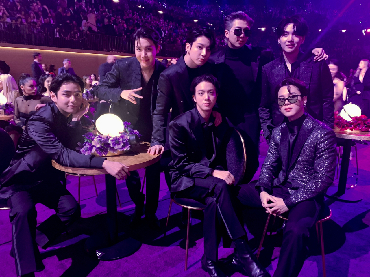 K-pop boy group BTS poses for photos during the 64th Annual Grammy Awards ceremony at the MGM Grand Garden Arena in Las Vegas on April 3, 2022. (Big Hit Music)