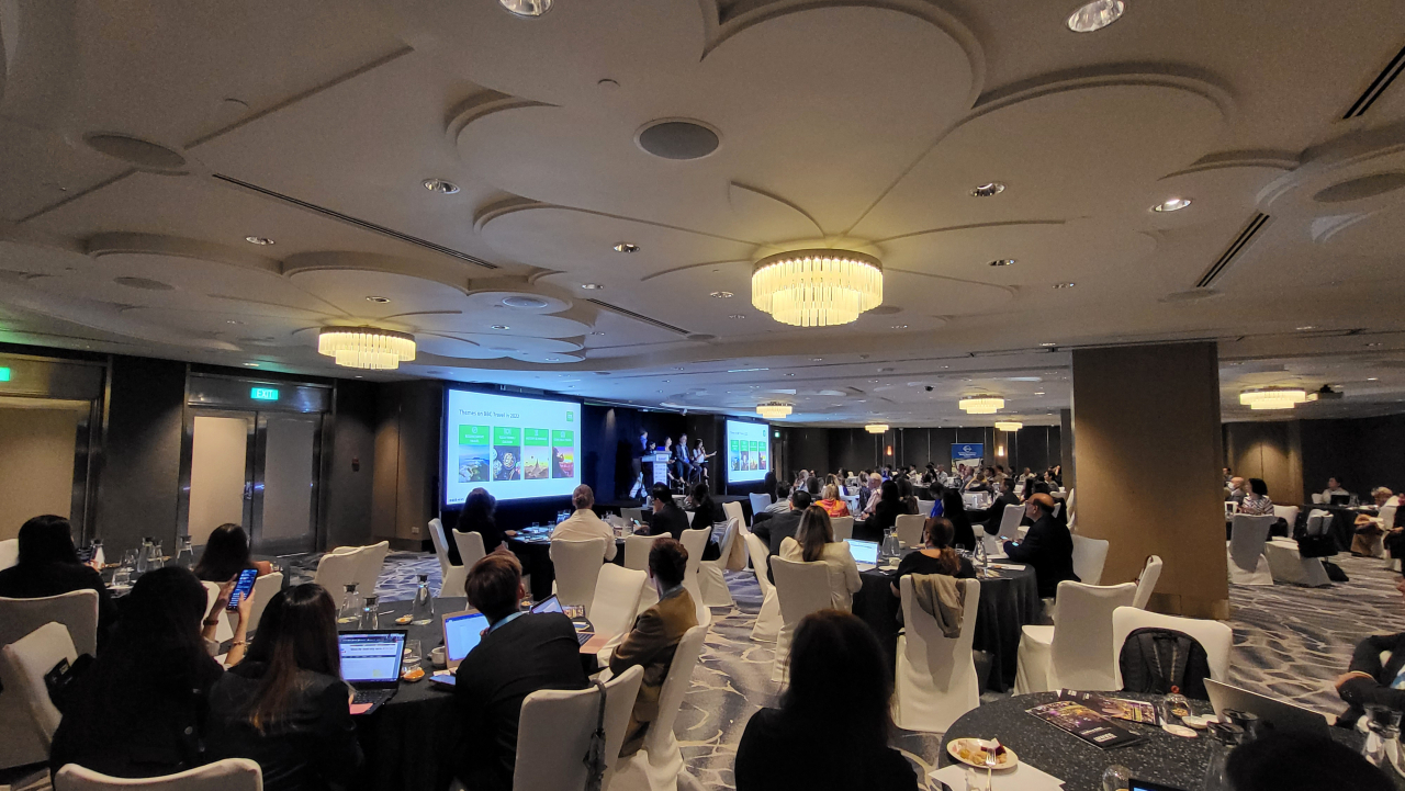 TravMedia Summit Asia 2022 is held at Swissotel the Stamford, in Singapore on Oct. 17. (Kim Hae-yeon/The Korea Herald)