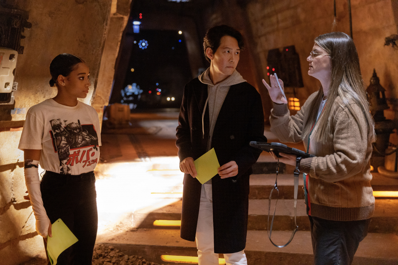 From left: Actors Amandla Stenberg, Lee Jung-jae and director Leslye Headland on the set of 