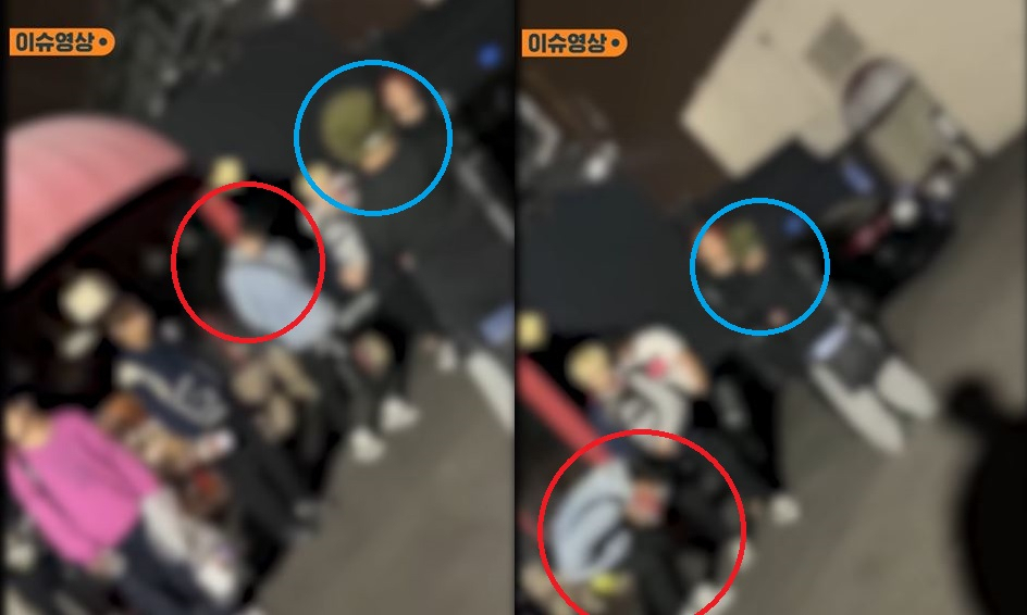 Screenshots from an SBS Entertainment News video show Spire Entertainment's CEO Kang (marked in blue) yelling at Omega X members. The image on the right shows Jaehan (marked in red) collapsing onto the floor from panic disorder. (SBS News YouTube)