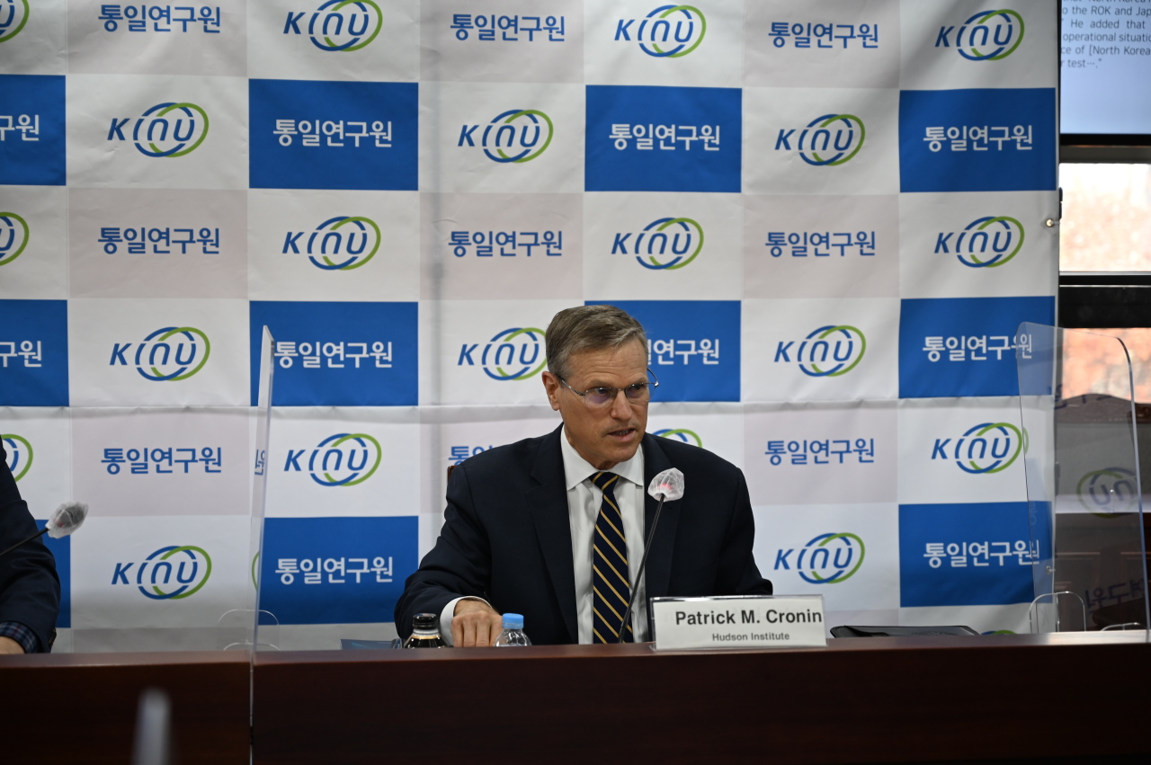 Patrick Cronin. Asia-Pacific security chair at Hudson Institute, speaks at an event hosted by Korea Institute for National Unification in Seoul in November. (Courtesy of Patrick Cronin)