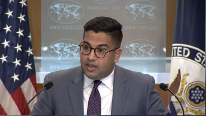 Vedant Patel, principal deputy spokesperson for the state department, is seen answering a question during a daily press briefing at the department in Washington on Wednesday. (State Department)