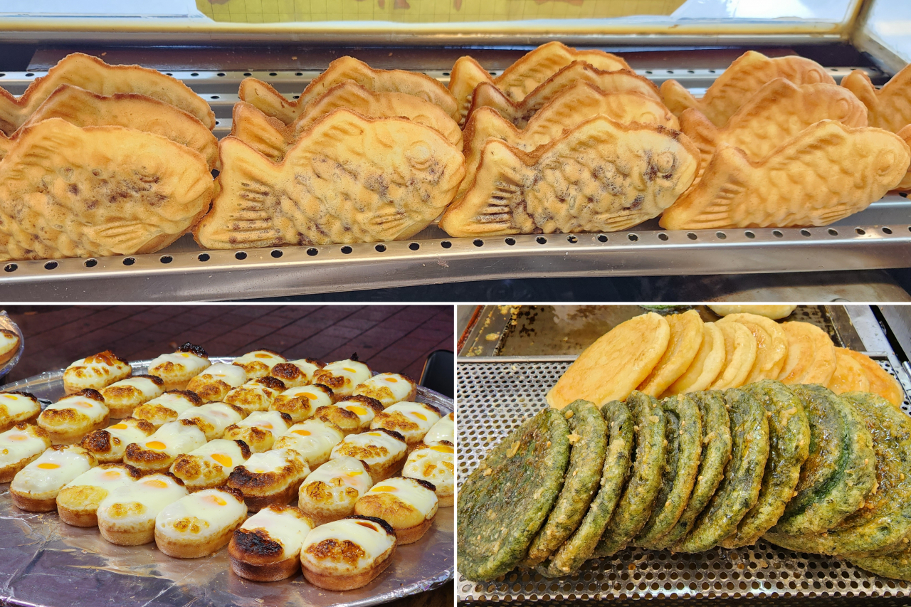 (Clockwise from top) Bungeoppang, hotteok and egg bread (Hwang Dong-hee/The Korea Herald)