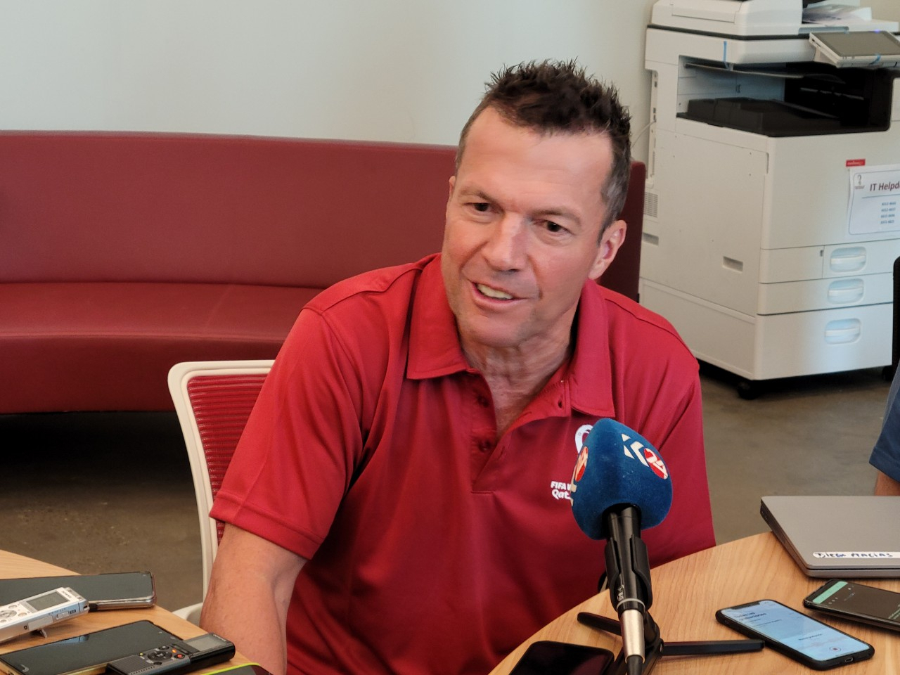 Former German football star and World Cup ambassador Lothar Matthaus speaks with reporters during a media roundtable during the FIFA World Cup at the Host Country Media Centre in Doha on Monday. (Yonhap)