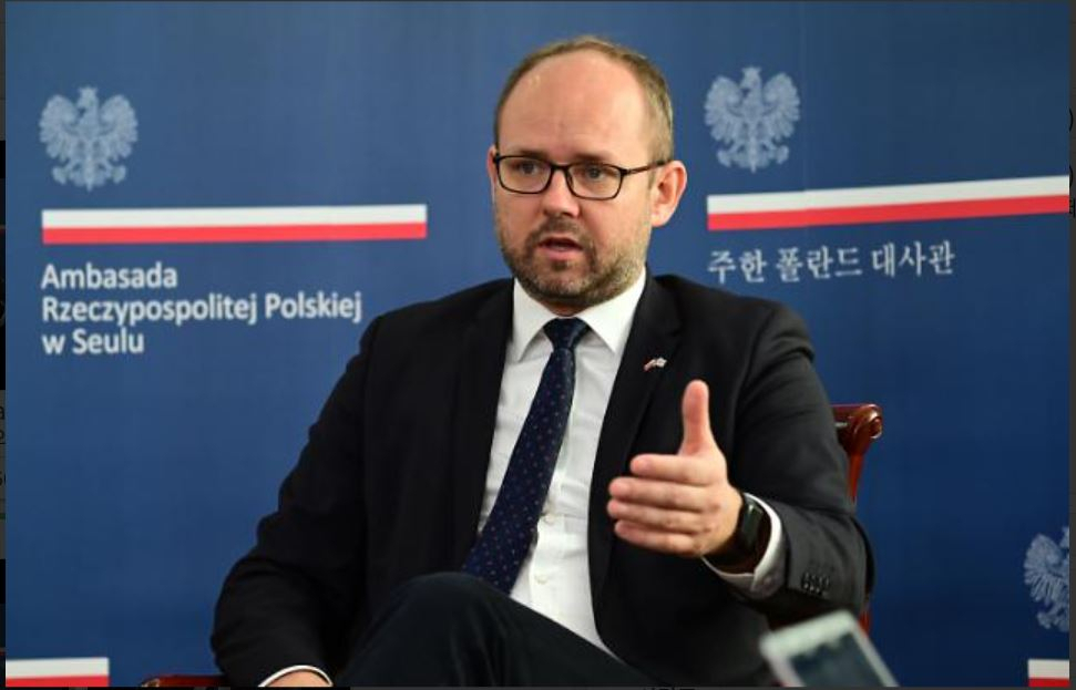 Marcin Przydacz, deputy foreign minister of Poland, speaks during an interview with The Korea Herald at the Polish Embassy in Jung-gu, Seoul. (Park Hae-mook/The Korea Herald)