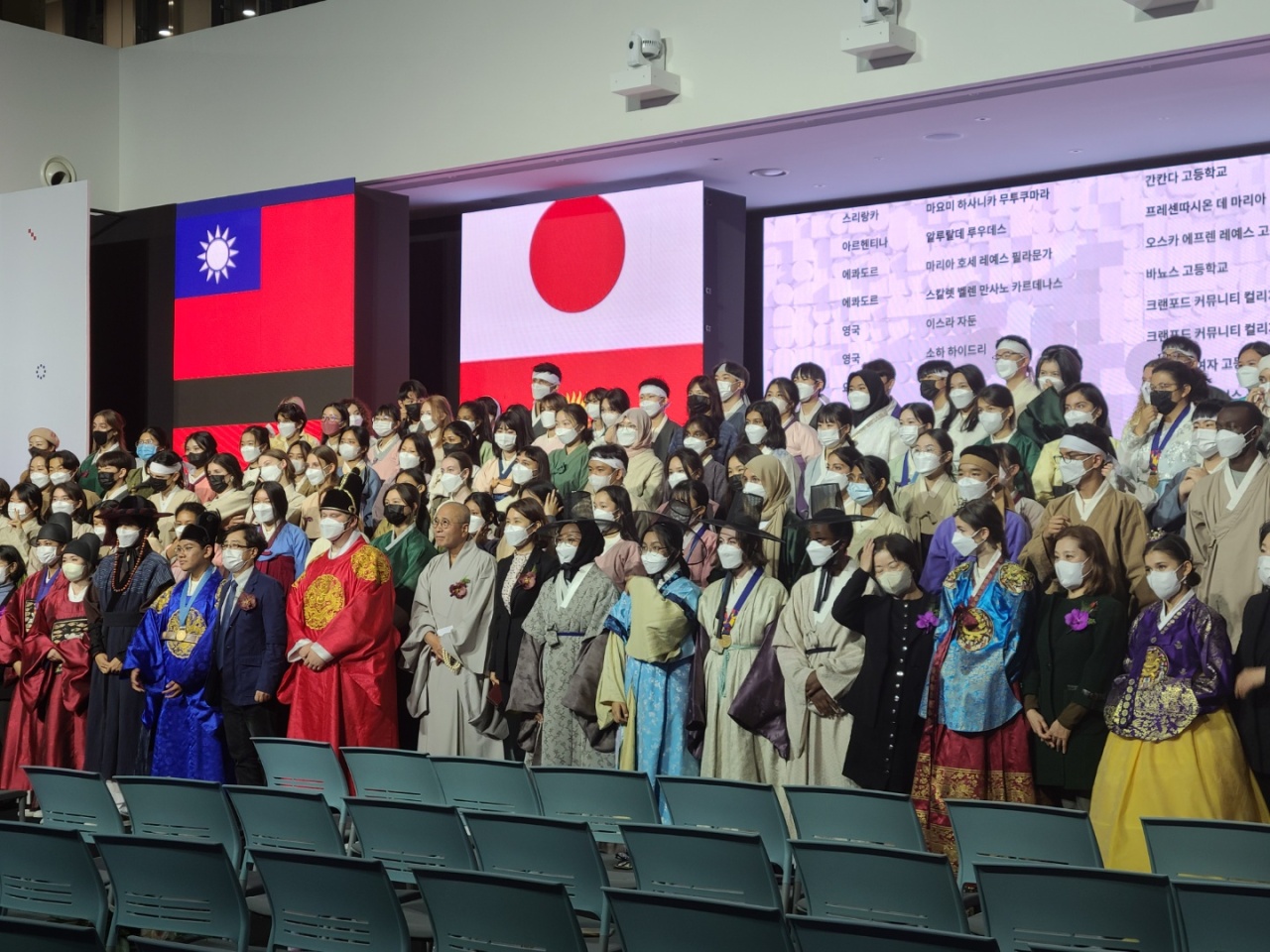 Participants of the 2022 International Korean Education Youth Camp pose for photos at Hana Global Campus in Cheongna International City in Incheon on Thursday. (Jung Min-kyung/The Korea Herald)