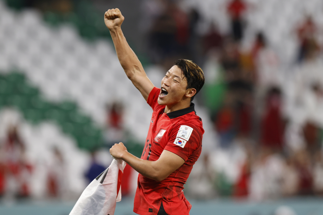 Hwang Hee-Chan of South Korea, the scorer of the 2-1 goal, celebrates after the FIFA World Cup 2022 group H soccer match between South Korea and Portugal at Education City Stadium in Doha, Qatar, Friday. (EPA)
