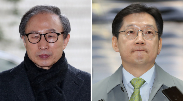 Former President Lee Myung-bak (left) and former South Gyeongsang Province Gov. Kim Kyoung-soo (Yonhap)