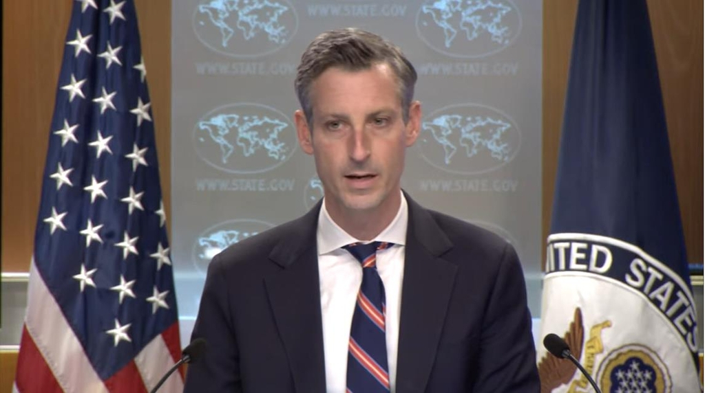 Department of State Press Secretary Ned Price is seen answering questions during a daily press briefing at the department in Washington on Monday in this captured image. (Department of State)