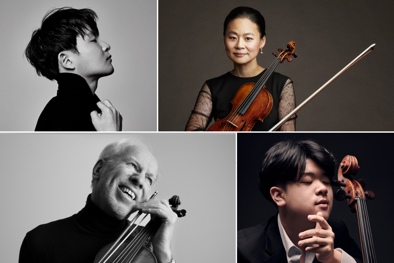 (Clockwise from top) Pianist Sunwoo Ye-kwon, violinist Midori, cellist Han Jae-min and violinist Gidon Kremer (Courtesy of Kim Young-chul, Kim Shin-Joong, KBS Symphony Orchestra)